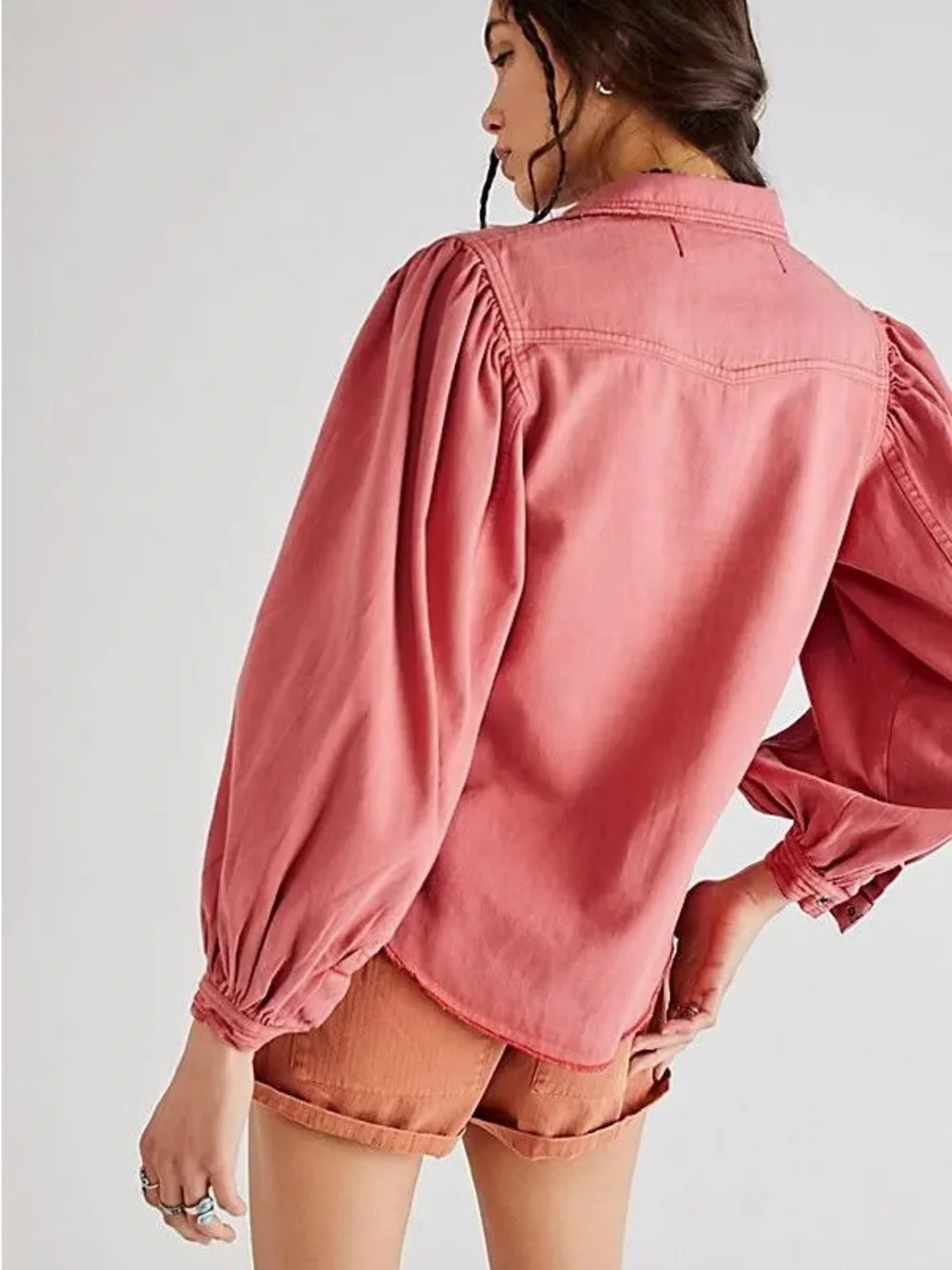 FREE PEOPLE We The Free “With Love” Denim Shirt in Coral Rose Red